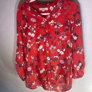 LOFT Red Flutter Sleeve Blouse with Mandarin Collar